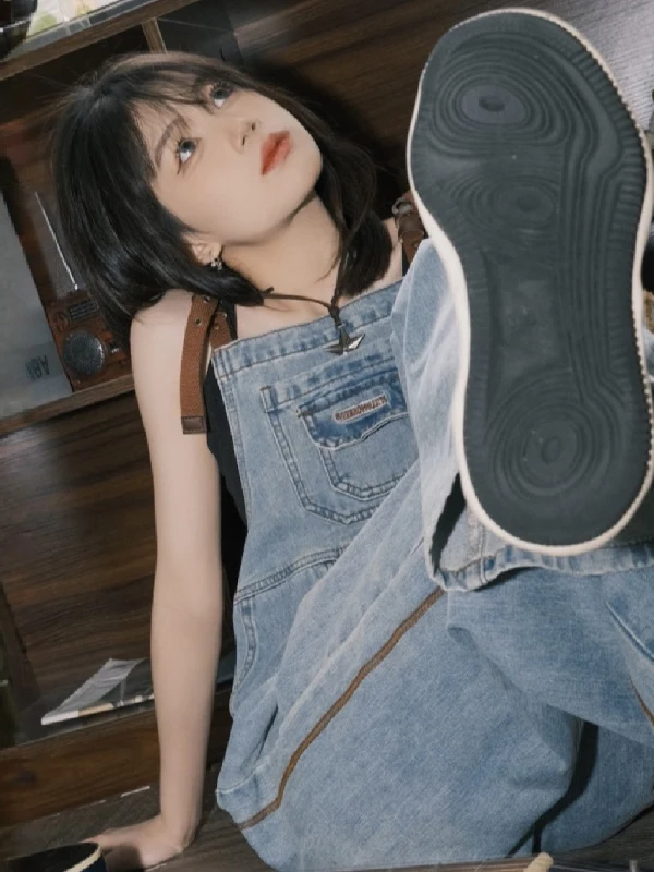 

Cool Salt Series Workwear Light Blue Denim Overalls Women's Summer Loose Casual Small Size Work Straight Leg Jumpsuit