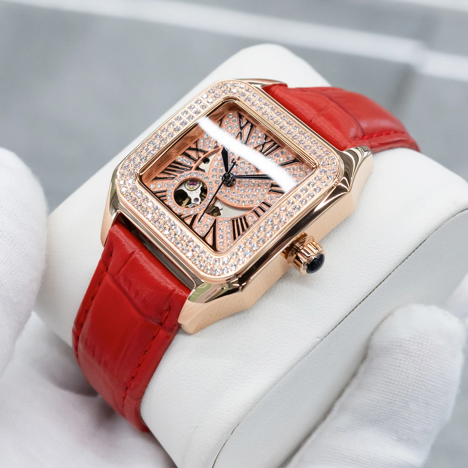 

FolliFollie Women Fashion Dress Watches Rose Gold Diamond Dial with Roman Numerals Automatic Red Leather Mechanical Wristwatch