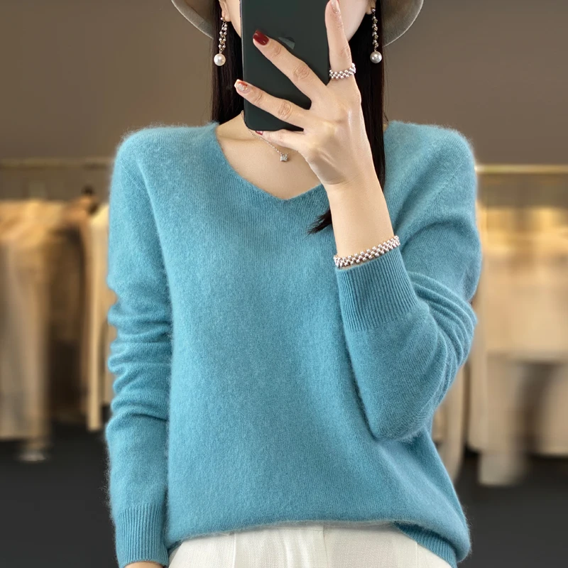 Autumn Winter 100% Pure Wool Women Cashmere Sweater V-Neck Fashion Bottoming Pullover Casual Knit Solid Color Long Sleeve Top