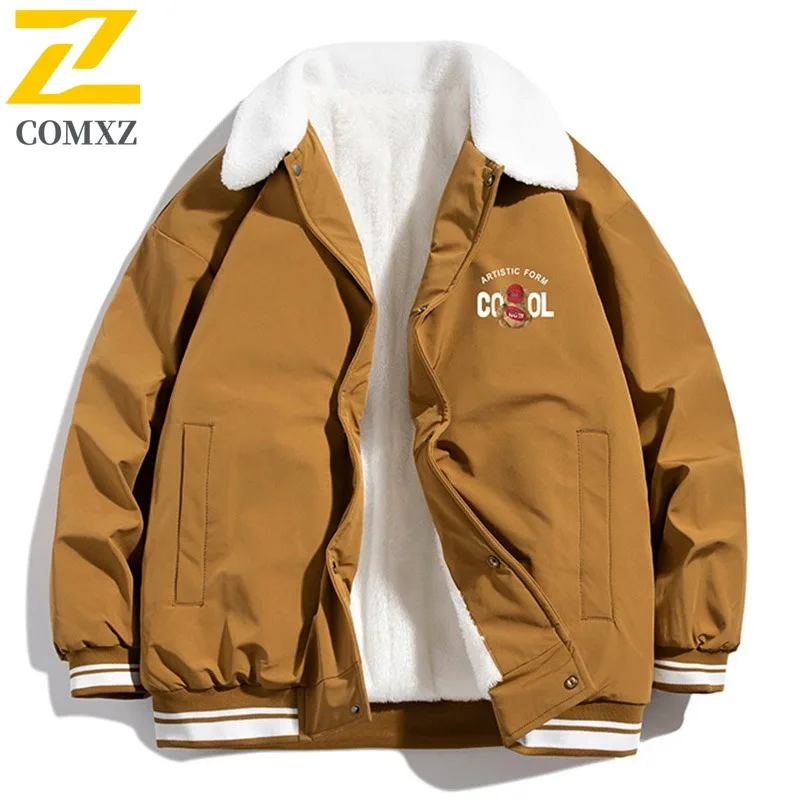 COMXZ Men Fleece Lined Jacket Winter Autumn Korean Style Waterproof  Windproof Hooded Outdoor Sports Casual Solid Color Coat