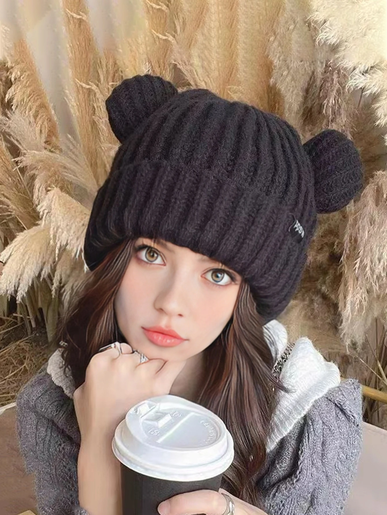 A Autumn Winter Hats Cute Bear Ears Warm Cap Knitted Earmuffs Hat