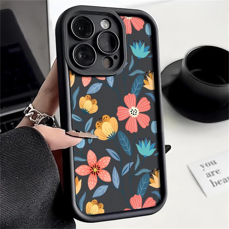 Flowers Floral Silicone Phone Case For iPhone 16 15 14 Pro Max 13 Pro 16 Plus Shockproof Candy Color Soft TPU Back Cover Fundas