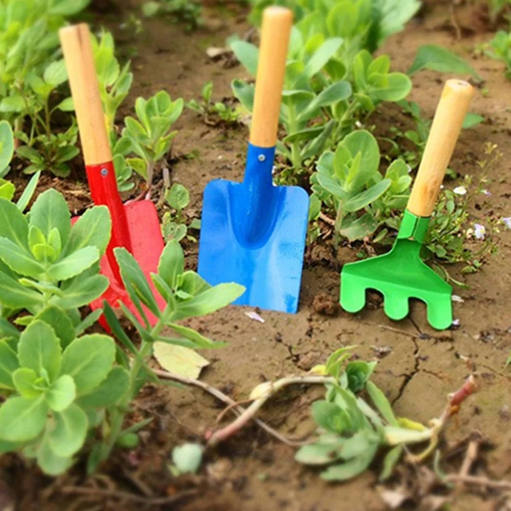 Mini outils de jardin sûrs pour enfants, jeu avec sable, bambou, bois coloré pour filles, 3 pièces