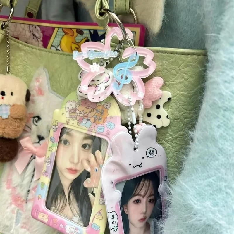 Cute Hollow Clover Shape Acrylic Bag Charm Cartoon Pet Floral Pattern Key Ring Carabiner Pendant Backpack Hanging Ornament