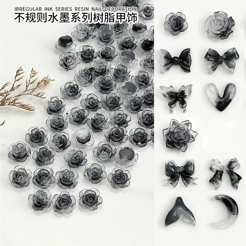 30PCS Retro Irregular Black Ink Dyeing Clear 3D Flowers Crescent Bow Butterfly Nail Art Rhinestones Decorations Manicure Charms