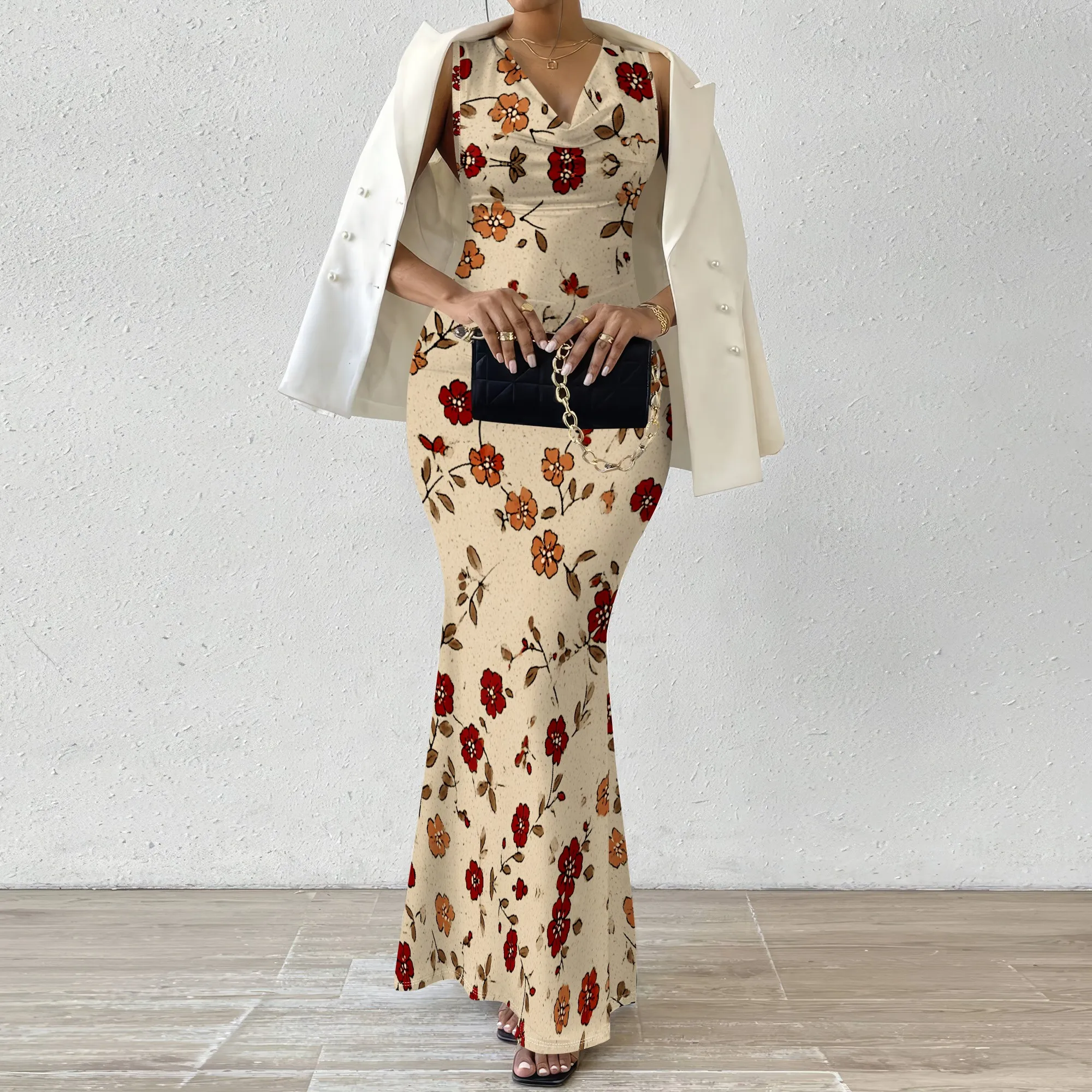 

XS-2XL Women's Elegant Floral Print Dress - Sleeveless Cowl Neck Slim Mermaid Maxi for Summer Party & Gala