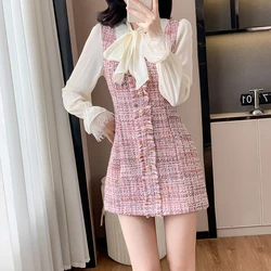 New French Sweet Spring Pink Tweed Tassel Patchwork Chiffon Mini Dress Fashion Women Bowknot Collar Flare Sleeve Short Clothes