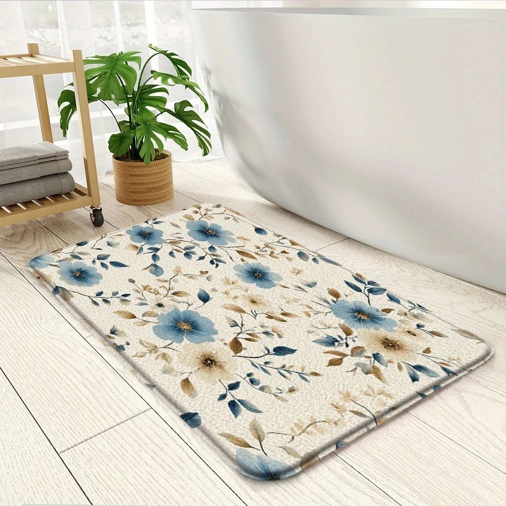 1pc Blue floral patterned rug, made of polyester fabric, machine washable, suitable for bedroom and living room décor.