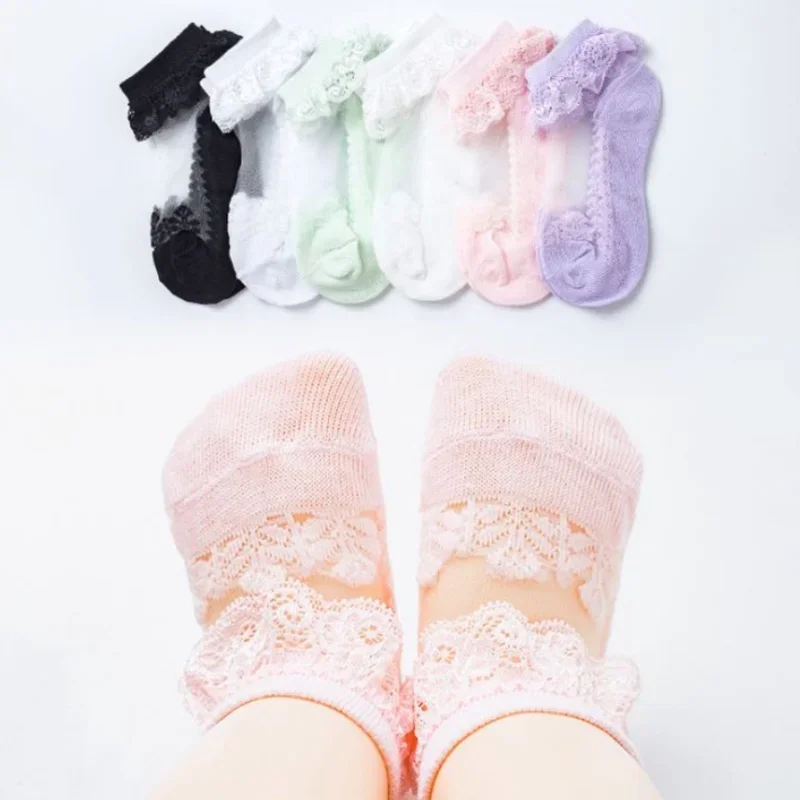 3pairs Baby Girl Fashion Frilly Lace Socks Breathable Sweat-Absorbent Deodorant Socks