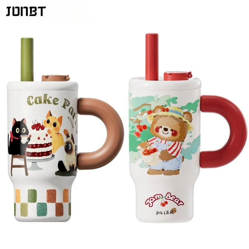 

Cute Tumbler 316 Stainless Steel Thermos Bottle With Handle Straw Lids Thermal Mug Drinkware Hot and Cold Car Coffee Cup Thermos