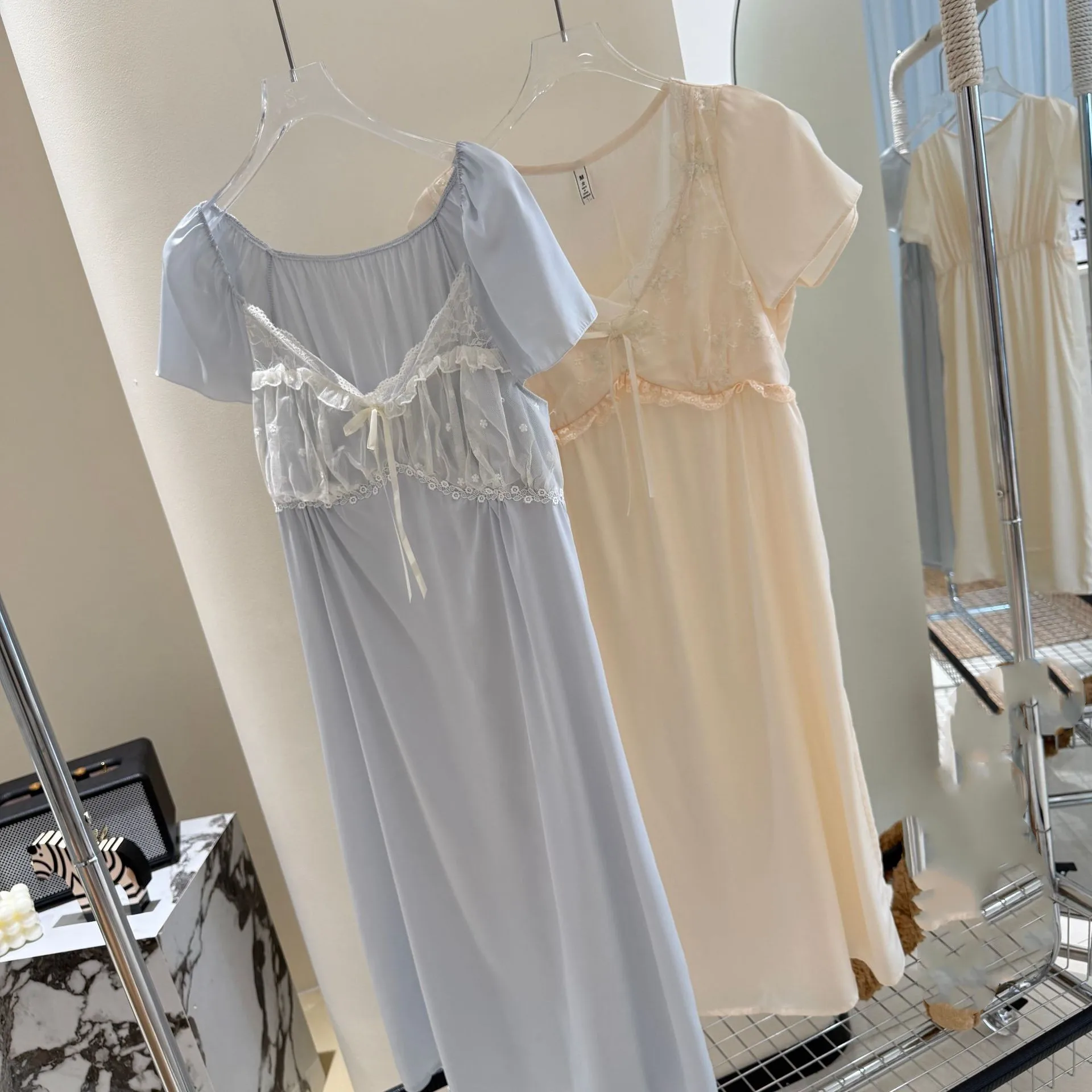 

Short Sleeve Nightgown Summer Female Sleepwear Loungewear Sexy Lace Nightdress Ice Silk Homewear