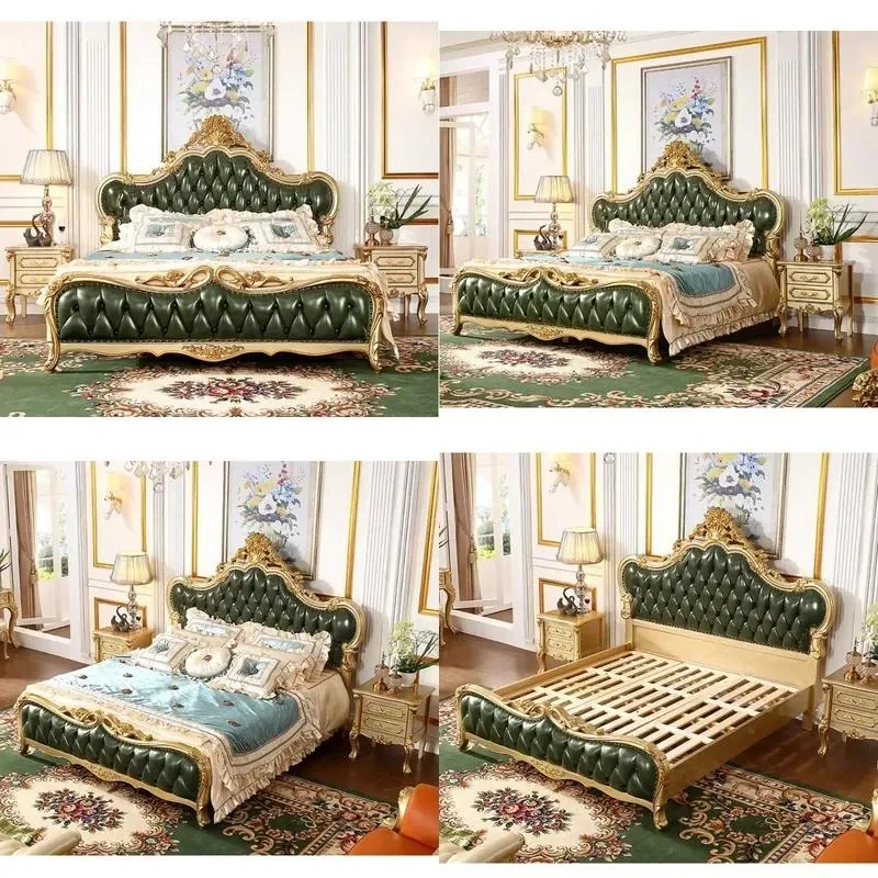 European Style Solid Wood Queen and King Size Bed Frame Carved Oak Bedroom Furniture for Family Hotel Villa