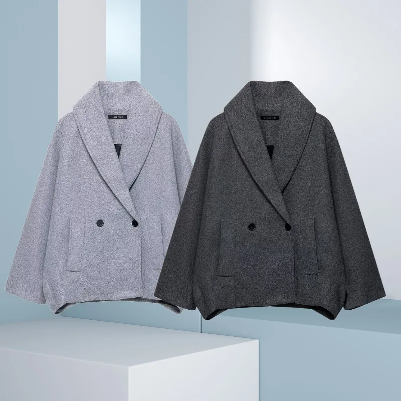 Autumn Winter New Double Breasted Double Row Button Mid Length Woolen Coat Women Loose Slimming Temperament Fashion Overcoat