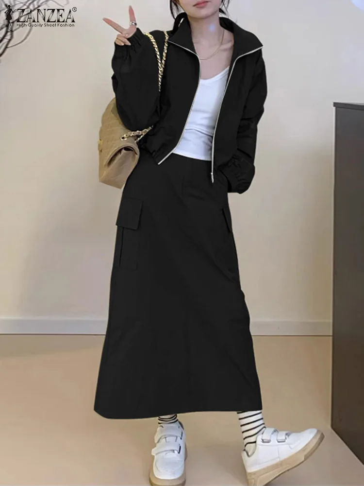 

ZANZEA Work Wear Elastic Waist Long Skirts 2-Pieces Suits Women's Long Sleeve Jackets Casual Street Fashon Outfits Skirt Sets