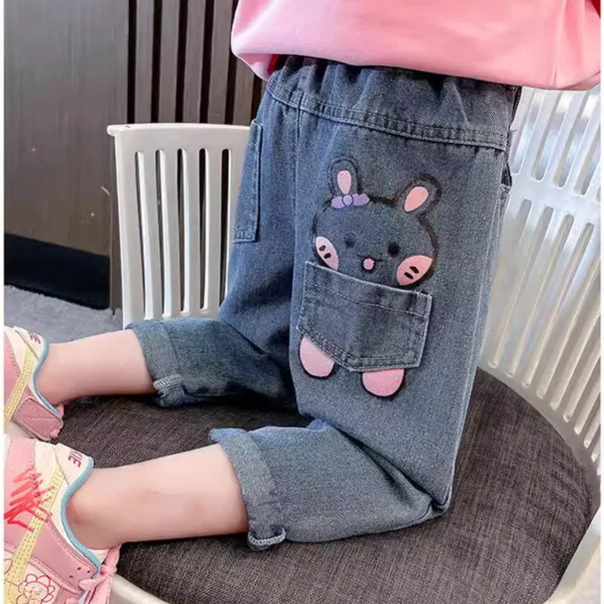 Baby Girls Jean Spring Autumn Elastic Waist Cartoon Rabbit Pocket Children Girls Denim Pants Versatile Cotton Kid Girls Trousers