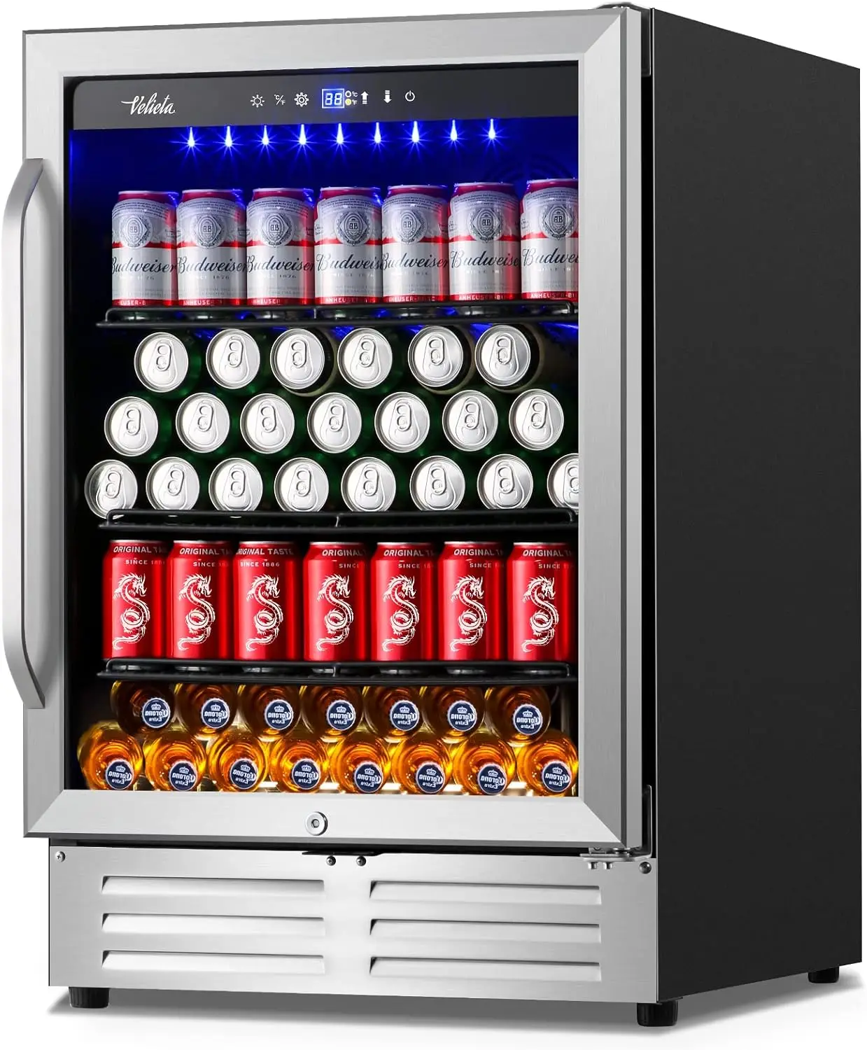 

24 Cooler,210 Cans Wide Beverage and Beer Fridge with Glass Door and Powerful Cooling Compressor, Bui