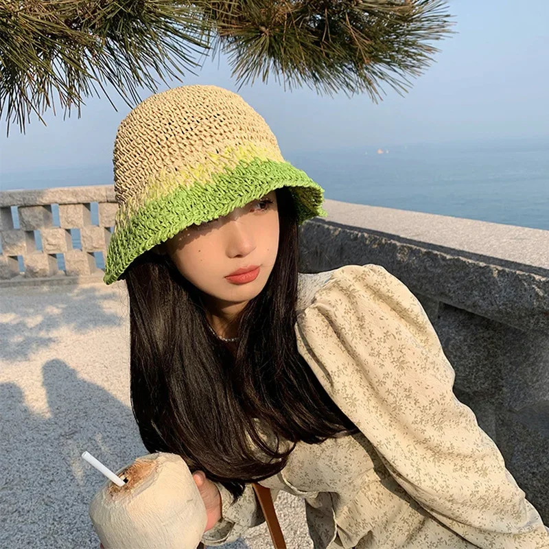 New Paper Straw Bucket Hat Ladies Crochet Breathable Panama Edge Stitch Design Bob Fishing Caps Girls Summer UV Beach Hat