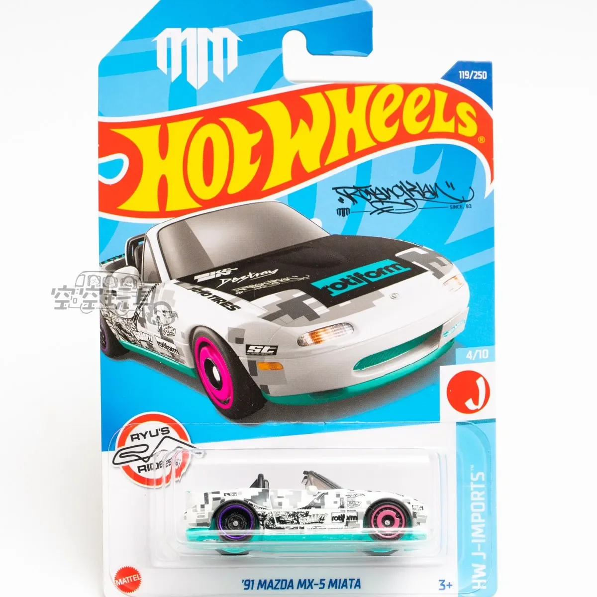 Original Hot Wheels No.119 \'91 MAZDA MX-5 MIATA 1/64 Black and White Ryus Riders Diecast Models Toys for Boys Alloy Car Kid Gift