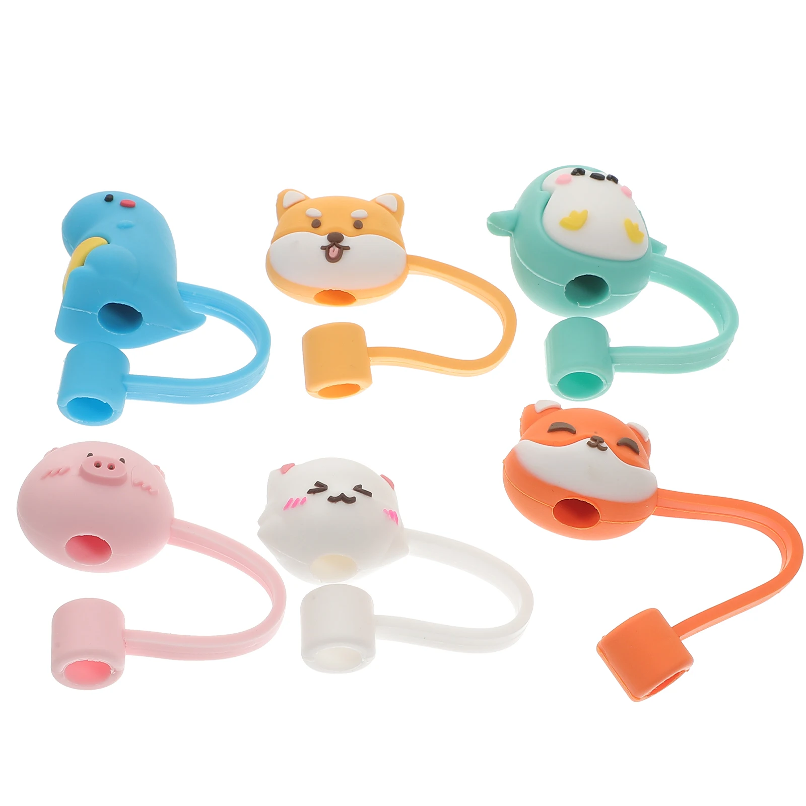 

6 Pcs Animal Covers Silicone Caps Dust proof Tips Fox Penguin Dinosaur Straw Plugs Straw Protector Kitchen Bar Supplies