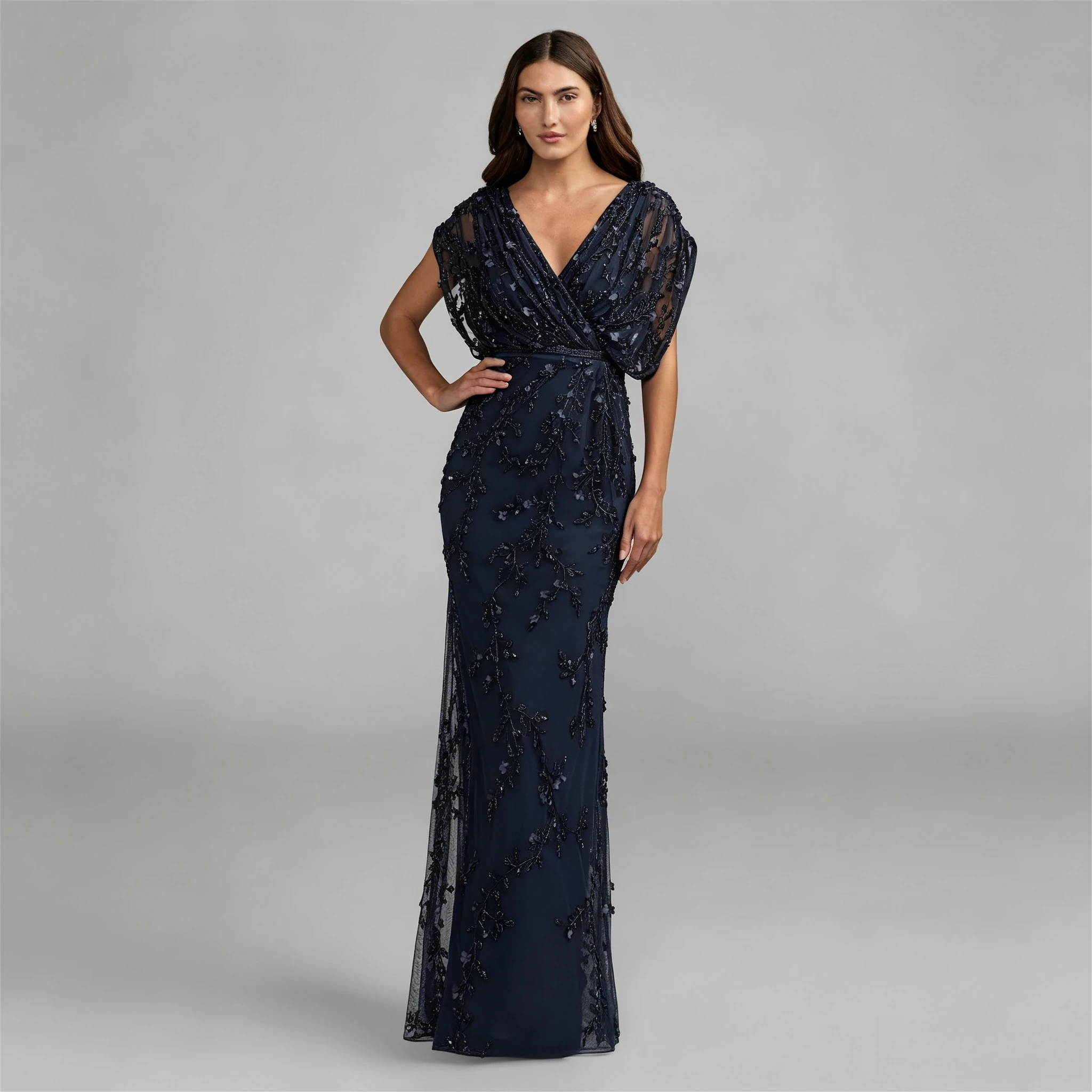 Customized Navy Mermaid Tulle Evening Dress with Beaded Floral Lace Appliques V Neck Short Sleeve Formal Wedding Party Gown