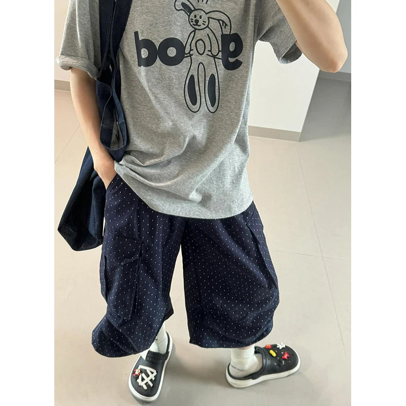 PBAP Women Pleated Polka Dot Cargo Short Pants Retro Blue Multi-pocket Oversized High Rise Wide Baggy Jorts Y2k Summer Clothes