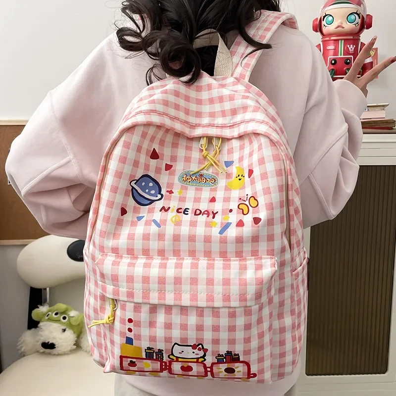 

Sanrio Hello Kitty Women's Backpack Plaid Retro Cute Pink Fashion College Backpack Students Large-capacity Schoolbags Teenagers