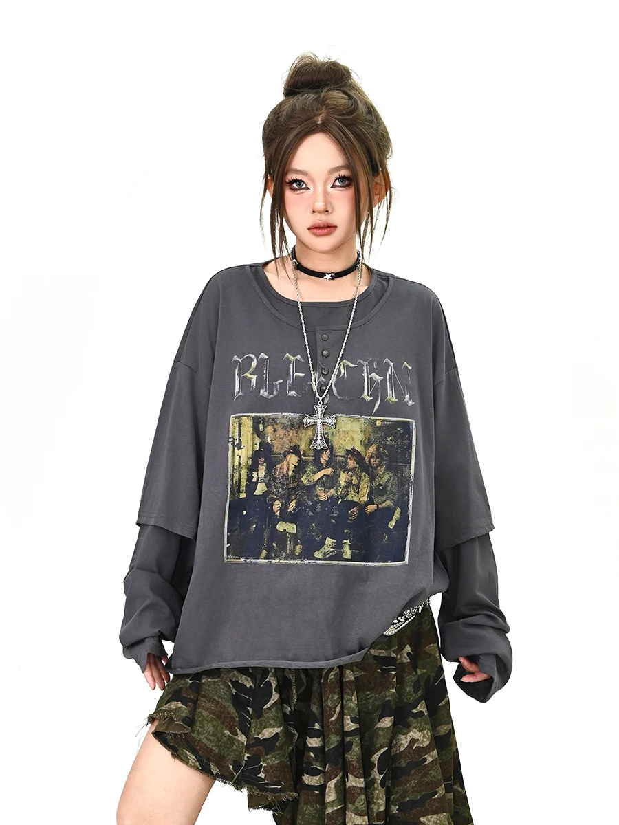 

Street Sle Loose Fit Long Sve T-irt Women's Spring 2026 New Print Character High Street Faion Casual round Ne Top