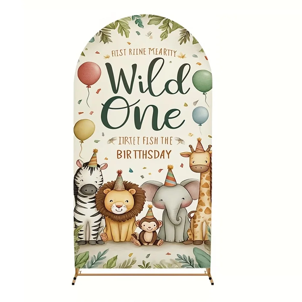 LS Wild One Happy Birthday Backdrop for Newborn Kids Forest Jungle Animals 1st Birthday Background Safari Party Arch Covers view 4