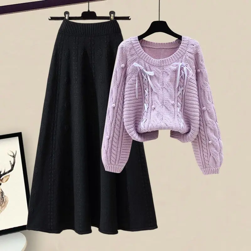 Autumn and Winter Set 2023 New Korean Large Women's Dress Style Lazy Knitted Sweater Slim Half Skirt Two Piece Set