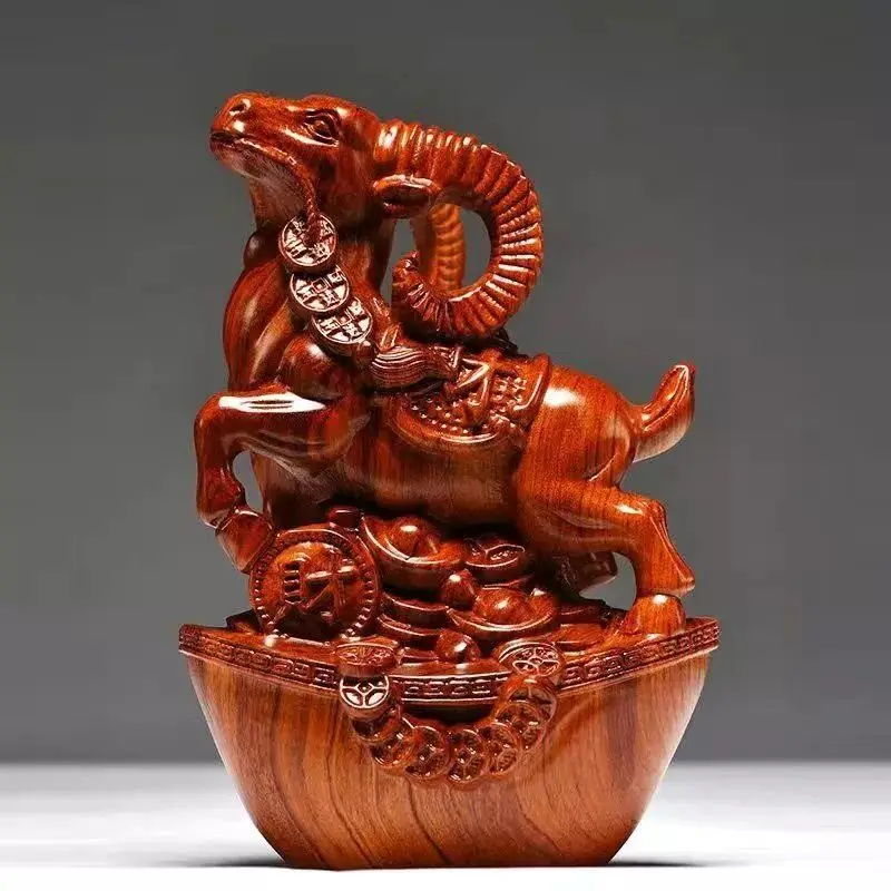 Huali Wood Carving Goat Ornaments Twelve Zodiac Fortune Sheep Carving Home Living Room Decoration Redwood Crafts Gift