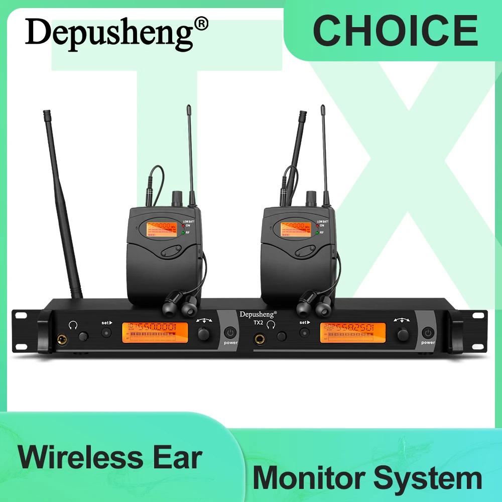 Depusheng TX2 Kabelloses Ohrmonitorsystem, 2-Kanal-2-Bodypack-Monitor mit kabellosem In-Kopfhörer-Typ, verwendet für Bühne oder Studio