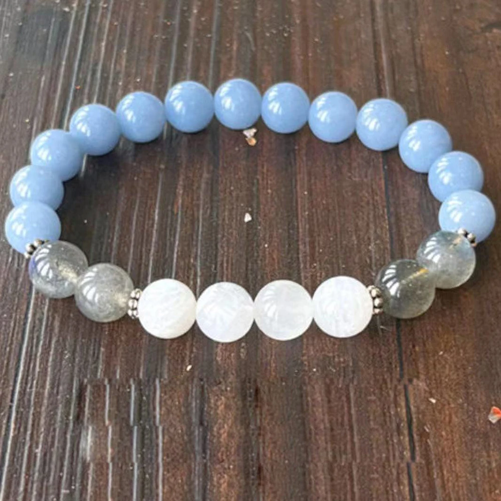 

MG1762 8 MM White Moonstone Labradorite Bracelet Natural Angelite Stone Beaded Jewelry Women`s Safe Travels Wrist Mala