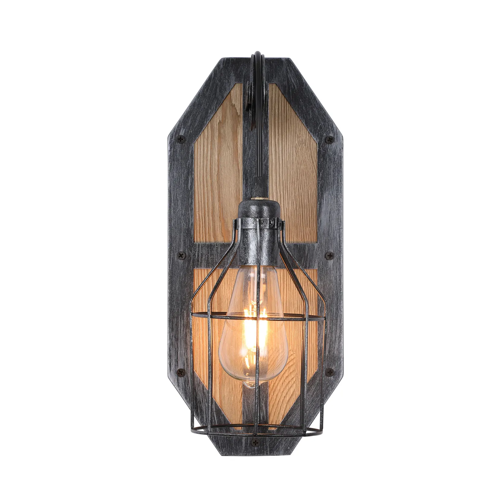 

Vintage Cage Wall Light with E26 Bulb Compatibility, Iron & Wood Frame for Stylish Home Decor