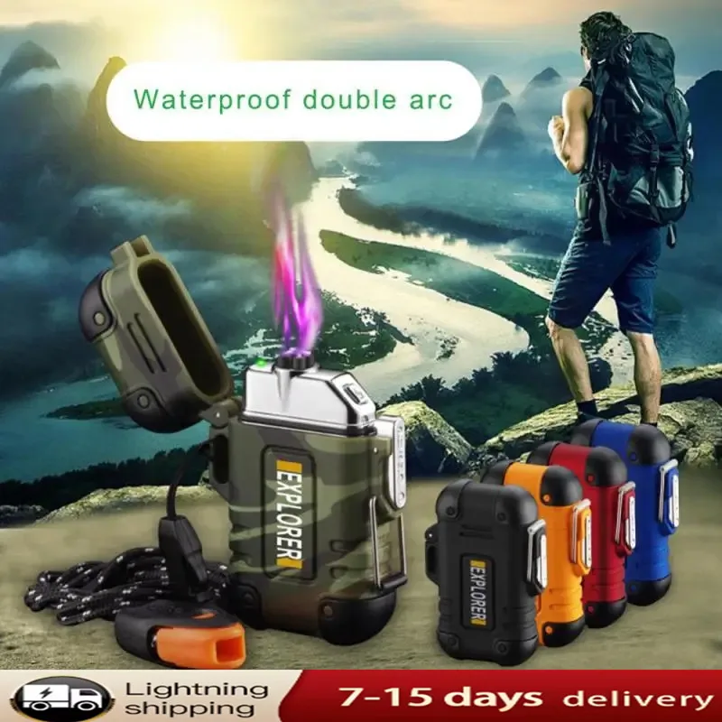 

Outdoor portable waterproof dual arc charging lighter with personalized safety buckle, windproof and silent cigarette lighter