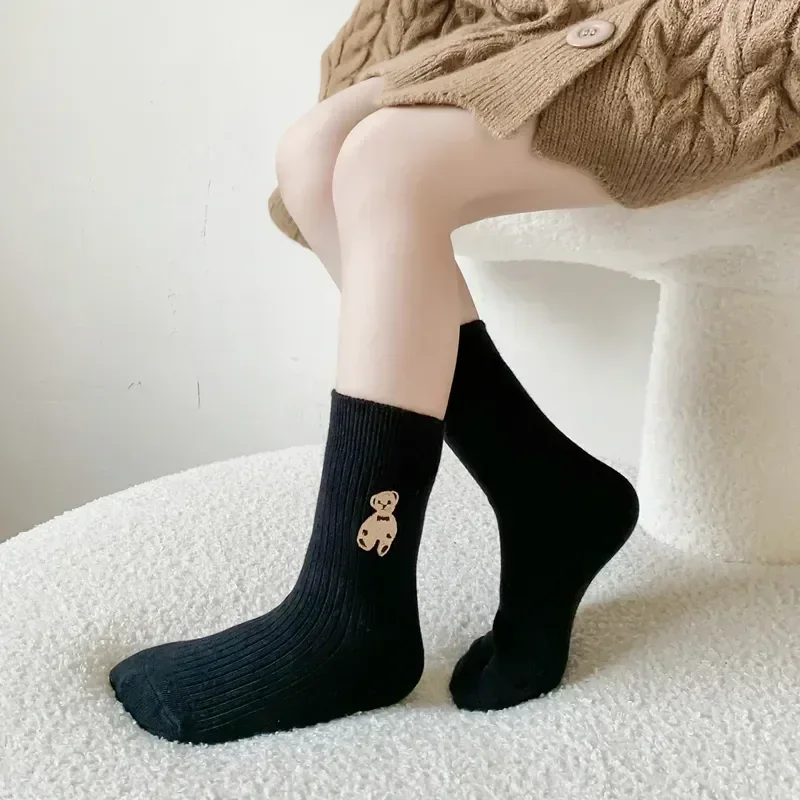 Autumn Winter Cotton Kids Socks Korean Retro Style Bear Embroidery Girls Boy Toddler Knitted Socks Warmth Tube Socks For 1-10Yrs