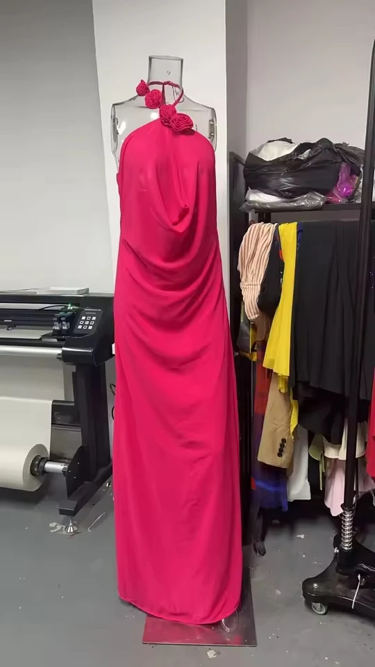 

Rose 3d Flower Halter Off-shoulder Sexy Maxi Dress Women Rose Red Sleeveless Backless Lace-up High Waist Club Party Long Dress