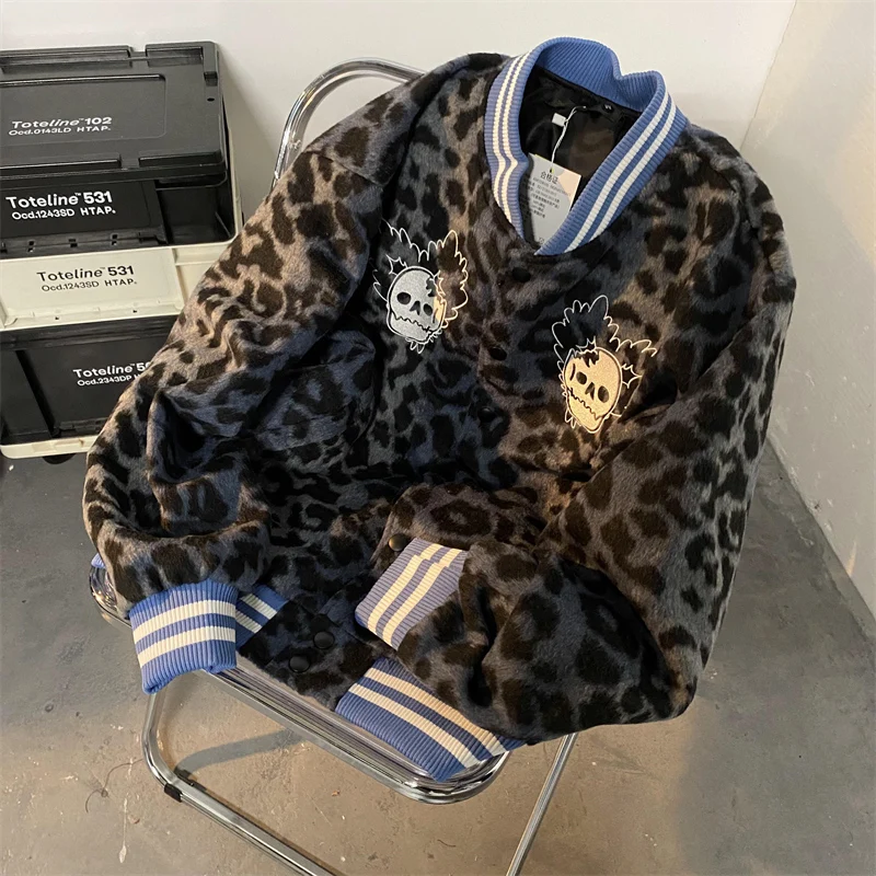 

Street Skull Leopard Print Baseball Uniform Women Women Retro Y2k Fashion Black Wool Coat Autumn And Winter Loose Thick Coat