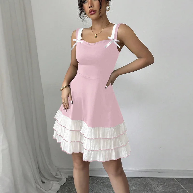 2025 Women's Fashion Summer New Strap Dress Color Block Multi-layer Cake Dress Prom 2025 Summer Dress Robe Vestido Women Elegant