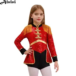 Kids Girls Long Sleeve Sequin Dance Leotard Halloween Circus Ringmaster Cosplay Bodysuit Drum Band Parade Performance Costume