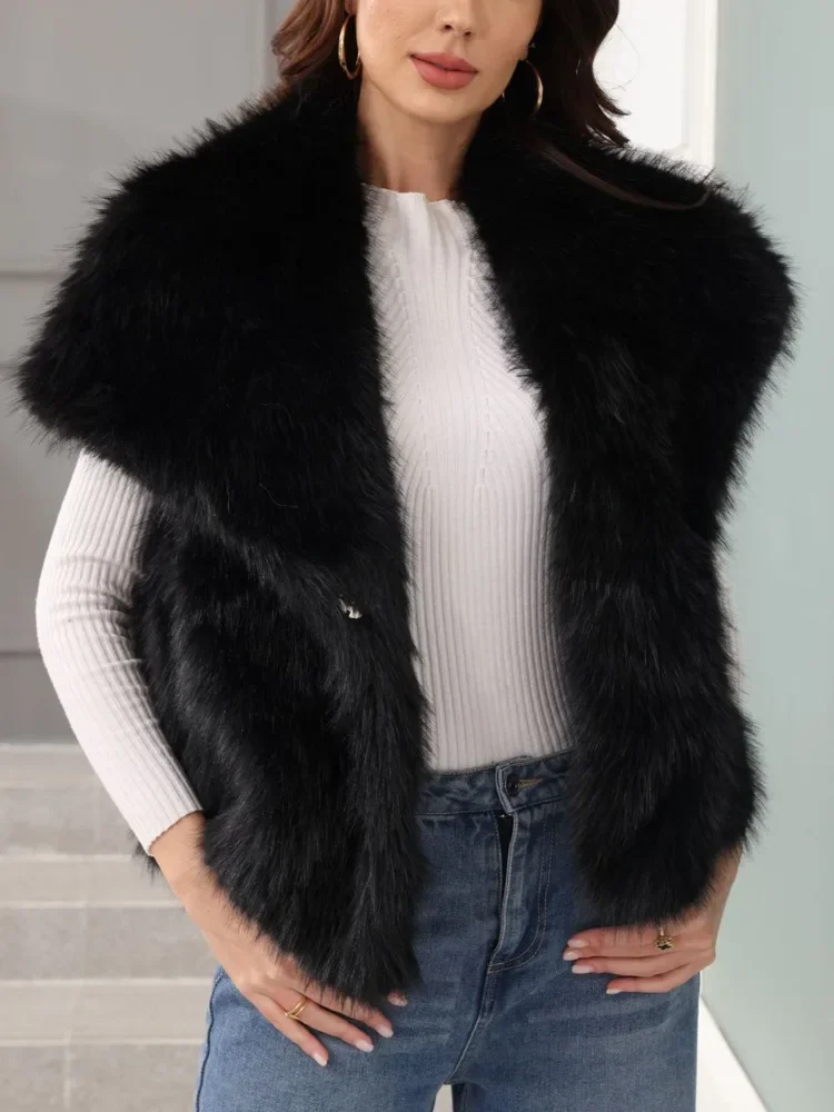 Fashion Faux Fur Vest Coat For Women Turn Down Collar Sleeveless Covered Button Warm Tops Autumn New Tide 2025 New
