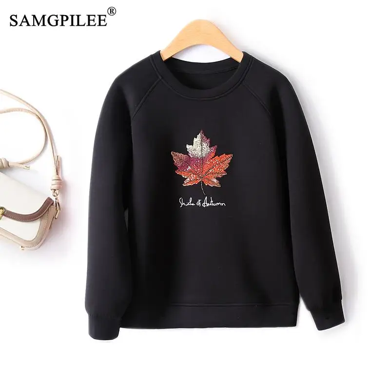 

2023 Women's Autumn Clothing Sequined Leaves Embroidered Beaded Air Cotton Sweater Pullovers Sweet Tops Woman Sweatshirts 4XL