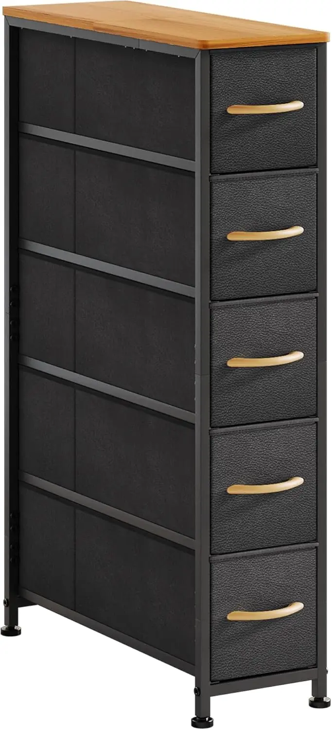 Narrow Dresser Storage Tower With 5 Drawers, Slim Dresser Chest Of Drawers With Steel Frame, Wood Top, Dresser For Bedroom,