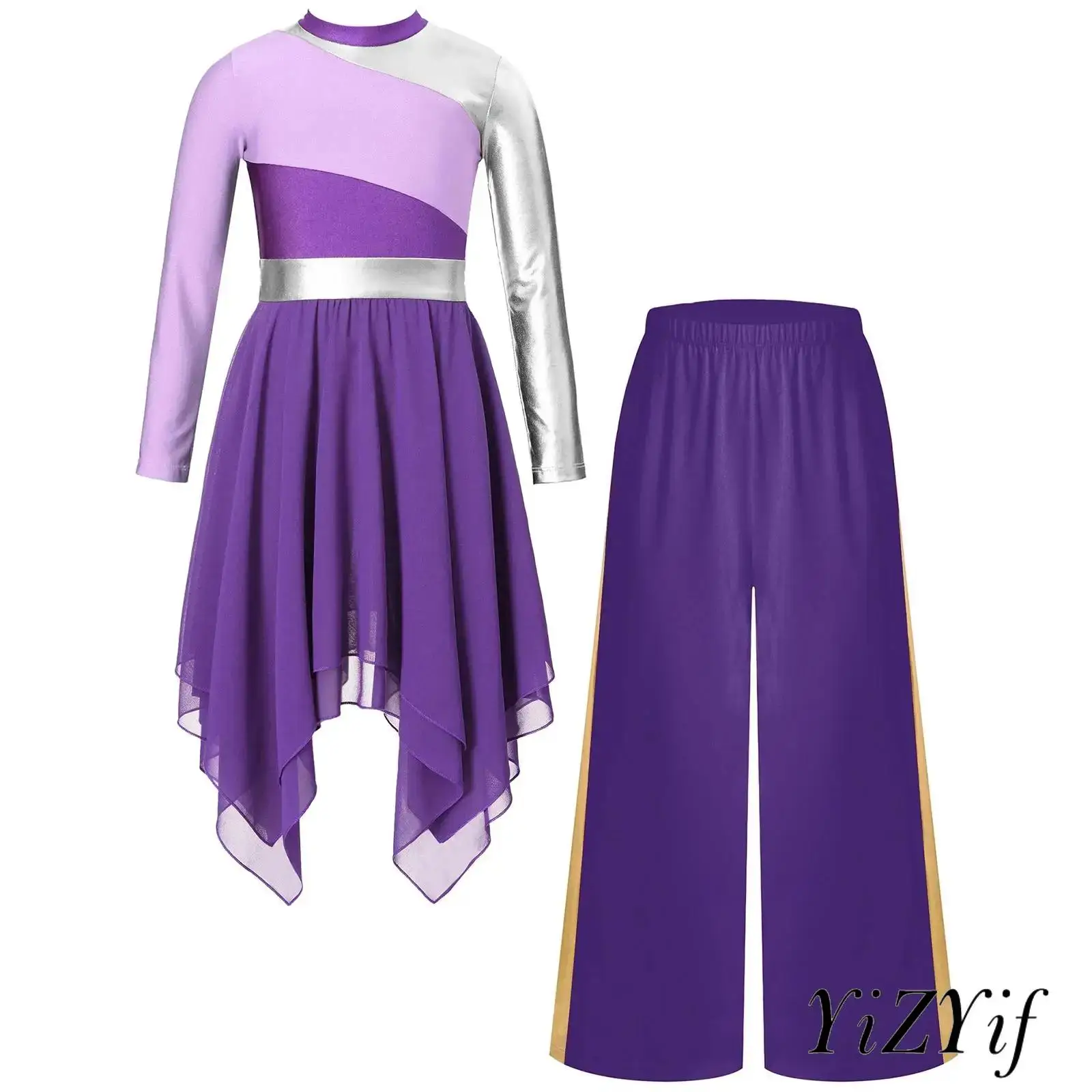 

Kids Girls Lyrical Praise Dance Outfit Contrast Color Chiffon Hem Metallic Patchwork Dress with Wide-Leg Pants Performance Wear