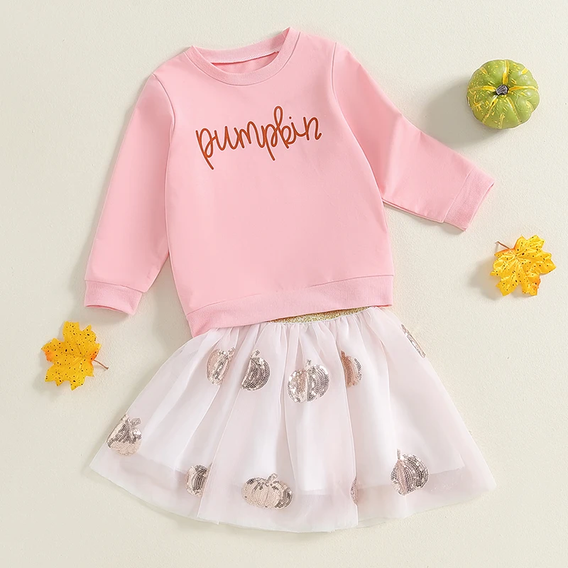 Toddler Girl 2 Piece Outfit Letter Print Long Sleeve Sweatshirt and Sequin Pumpkin Tulle Skirt Set for Baby Cute Clothes