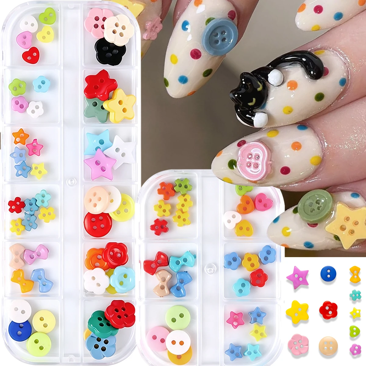 Niedliche Mini-Knopf-Nagelcharms in verschiedenen Farben, Stern-, Blumen-, Schleifen- und runde Harz-Nageldekorationen, 3D Kawaii kleine Knöpfe Nagelkunst-Ornamente – Detail 3