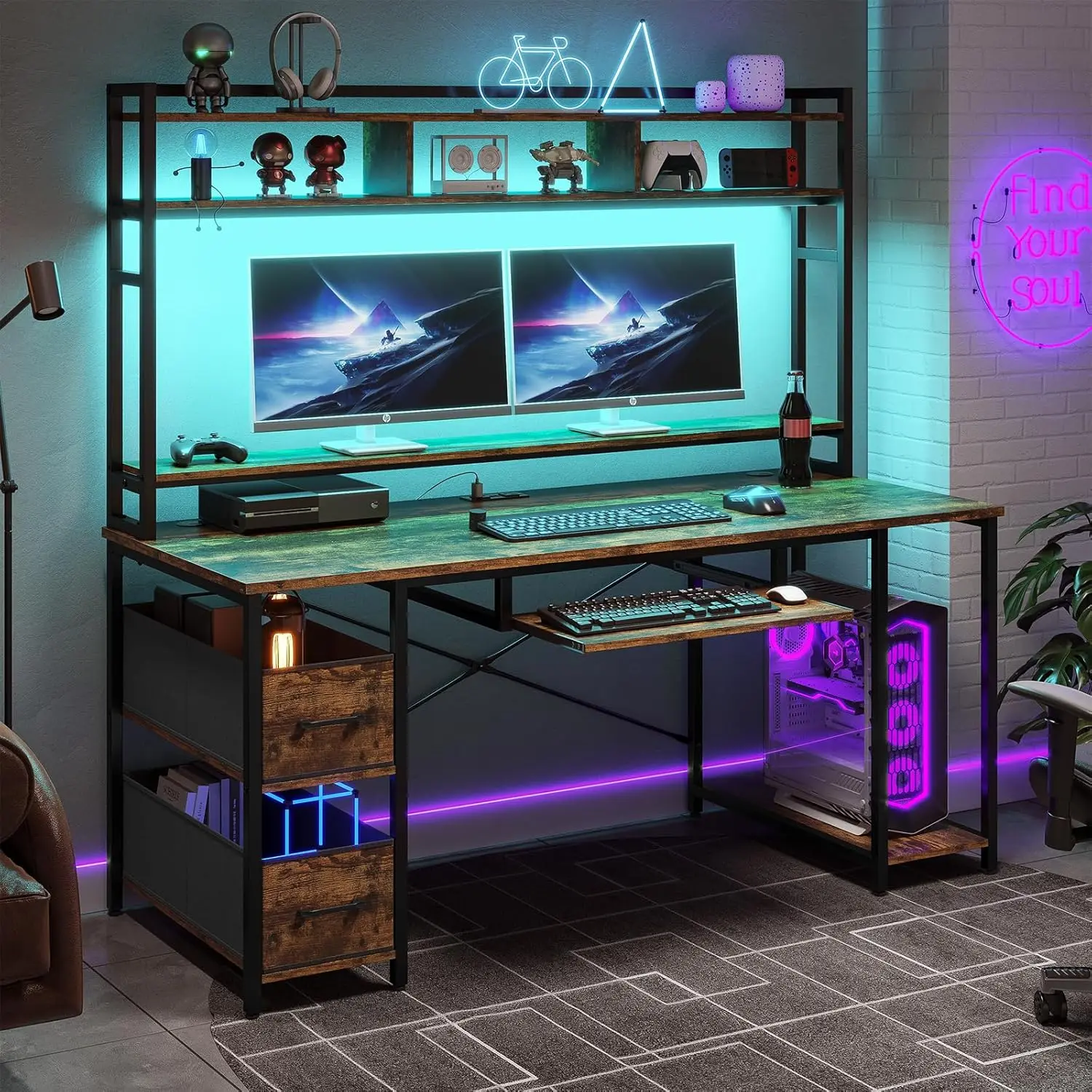 Computer Desk with Storage Shelves & Monitor Stand, Home Office Desk, Gamer Desk, Rustic Brown