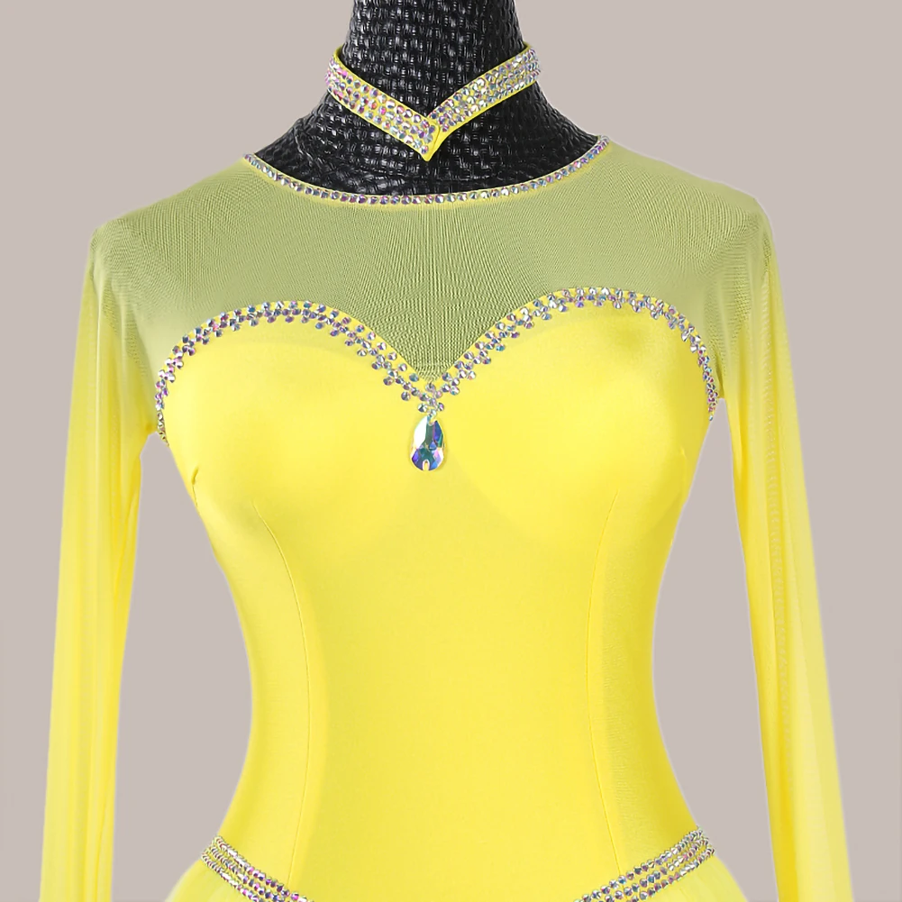 볼룸 댄스 경연 대회 드레스 노란색 새 라운드 넥 볼 드레스 리본 진한 파란색 왈츠 블랙 의상 고품질