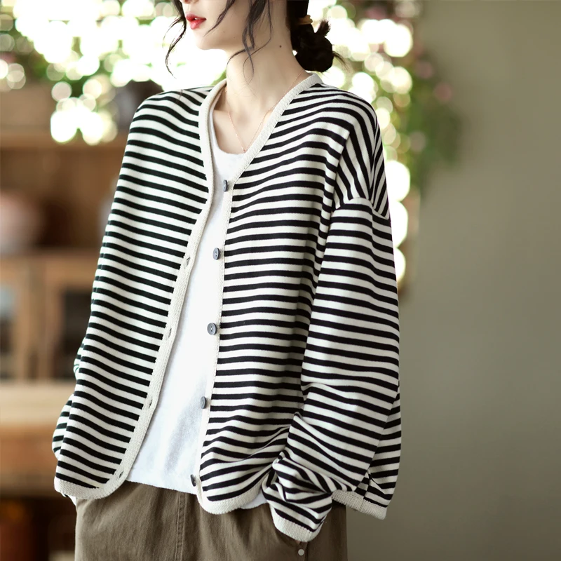 

Organic Cotton Striped Trim Belted Single Button Long Sve ort Outerwear Cardigan Women's Faion Spring Commute Sle