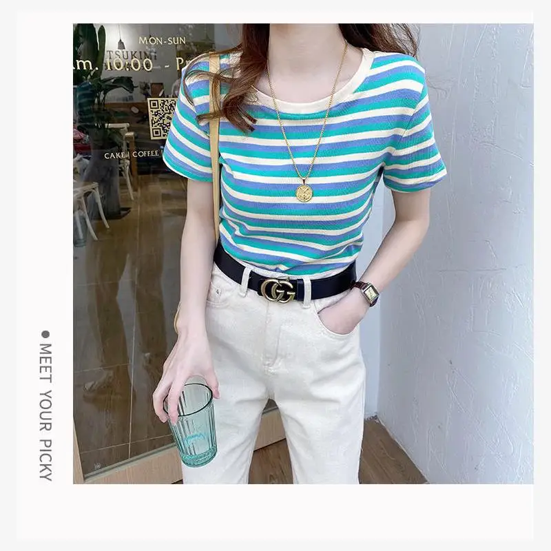 

Summer Women's Casual Stripe T-irts Blouse Tops Slim Fit round Ne ort Sve Commute Sle Polyester Fiber