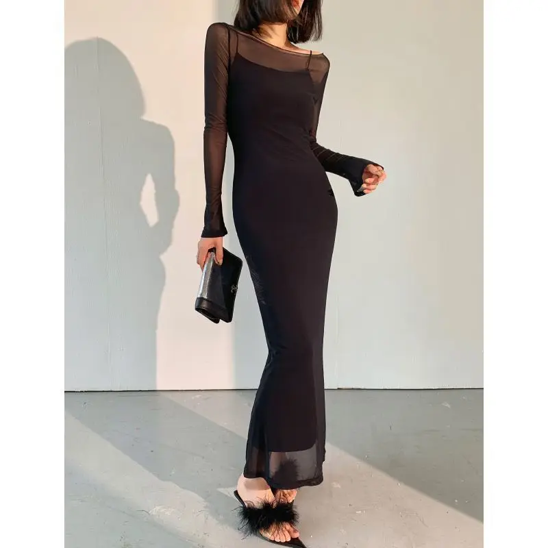 

French Hepburn Camisole Net Yarn Sexy Two Piece Set Dress Spring Women Slim Solid Color Long Sleeved Elastic Force Maxi Dress